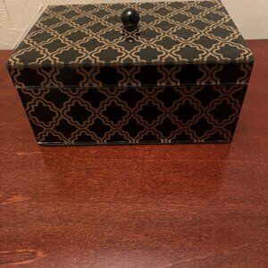 Decorative Black & Gold Geometric Storage Box with Lid ~7" x ~4.75"